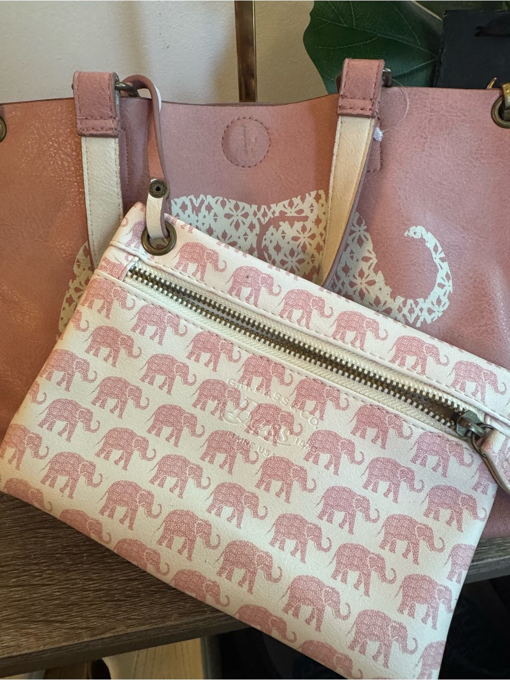 Pink Elephant Print Canvas Crossbody and Wristlet - Casual Everyday Bag